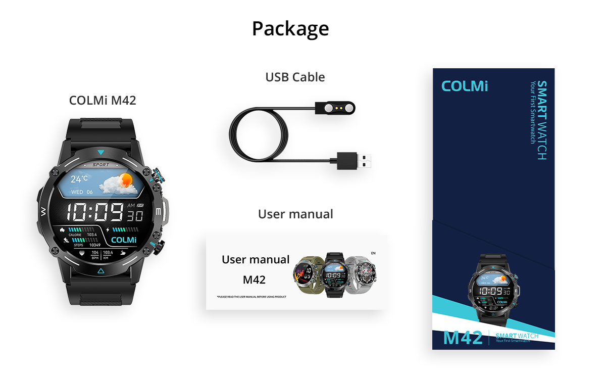 El smartwatch Colmi M42 incluye en su caja el reloj, el cable de carga y accesorios, con un diseño delgado, más de 100 modos deportivos y una autonomía de batería de 10 días.