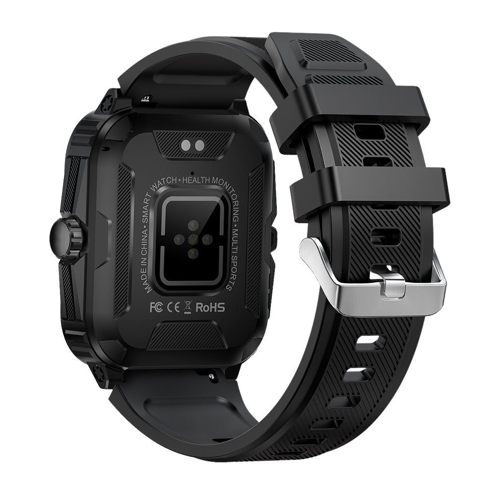 Reloj inteligente COLMI P76 de 1,96 pulgadas, para deportes al aire libre, fitness, resistente al agua hasta 3 ATM, parte trasera negra.