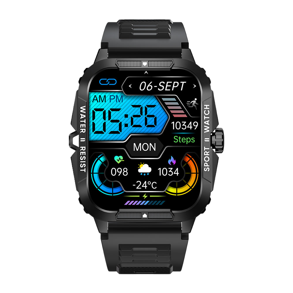 Reloj inteligente COLMI P76 de 1,96 pulgadas, para deportes al aire libre, fitness, resistente al agua hasta 3 ATM, frontal negro.