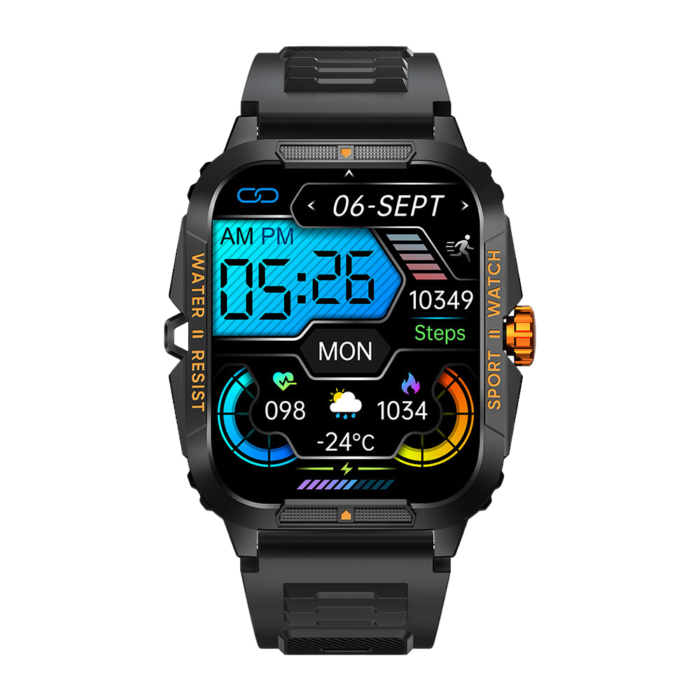 Reloj inteligente COLMI P76 de 1,96 pulgadas, para deportes al aire libre, fitness, resistente al agua hasta 3 ATM, frontal naranja.