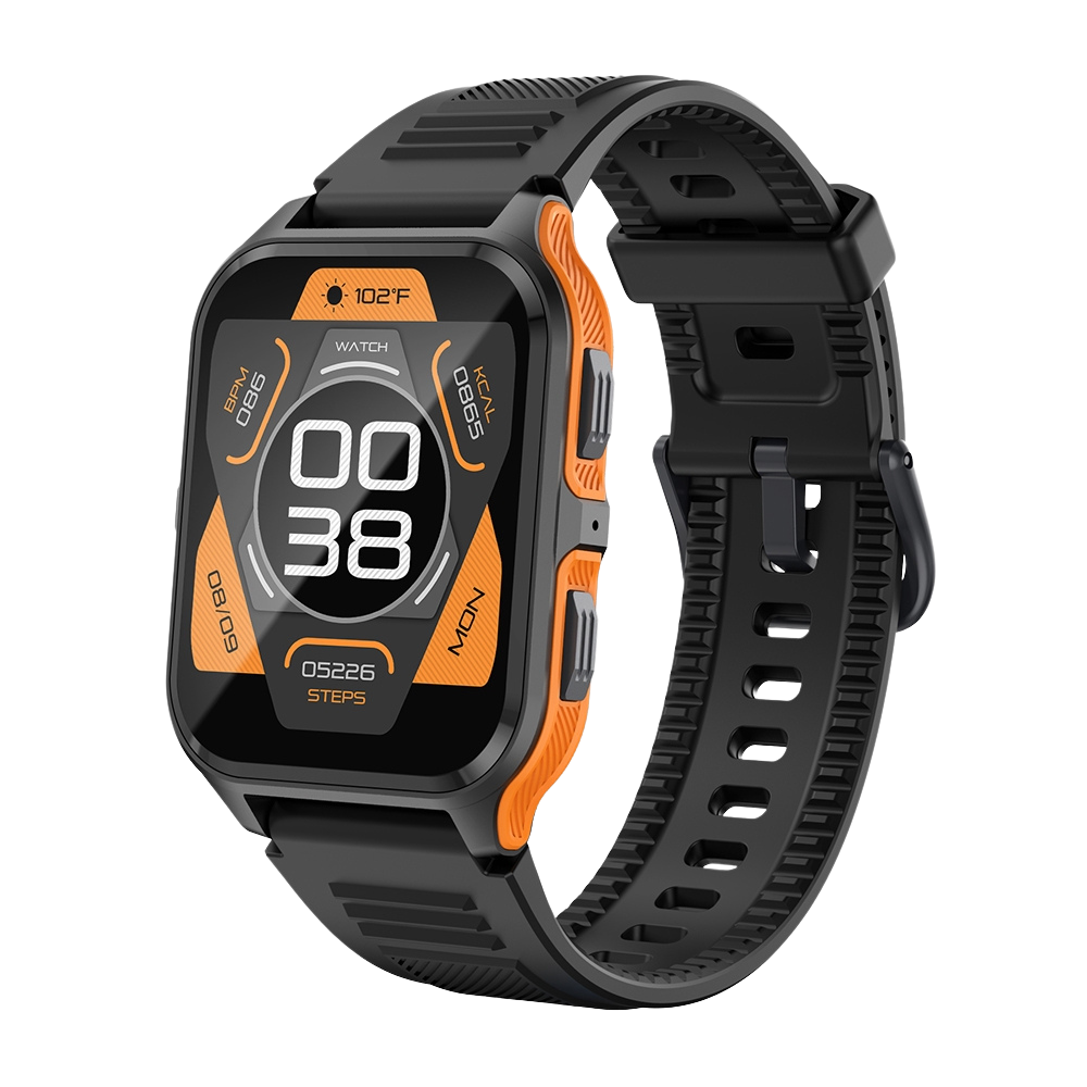 Reloj inteligente COLMI P73 con pantalla de 1,9 pulgadas, llamadas en exteriores, resistencia al agua IP68, color negro y naranja.
