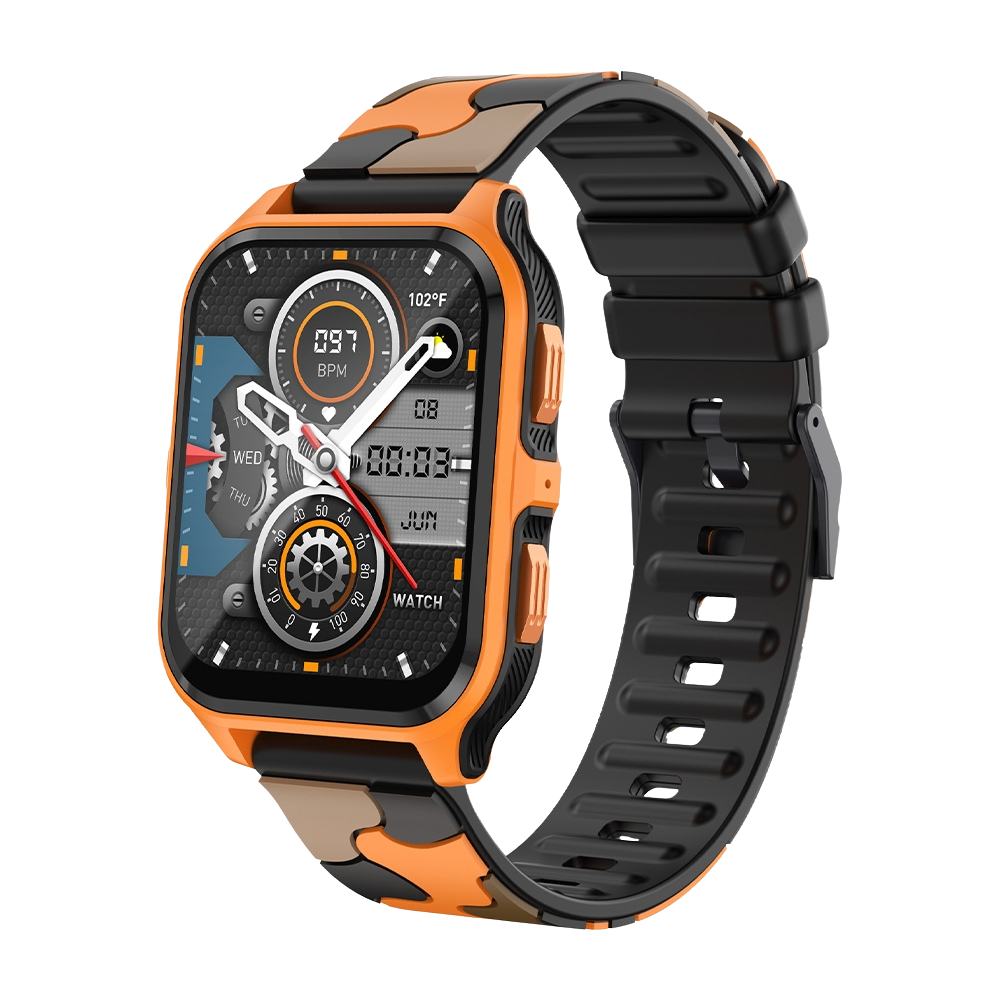 Reloj inteligente COLMI P73 con pantalla de 1,9", llamadas en exteriores, resistencia al agua IP68 y diseño de camuflaje naranja y negro.