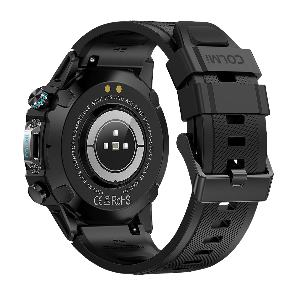 Reloj inteligente Colmi M42 negro, visto desde la parte trasera, con diseño delgado, más de 100 modos deportivos y una duración de batería de 10 días.