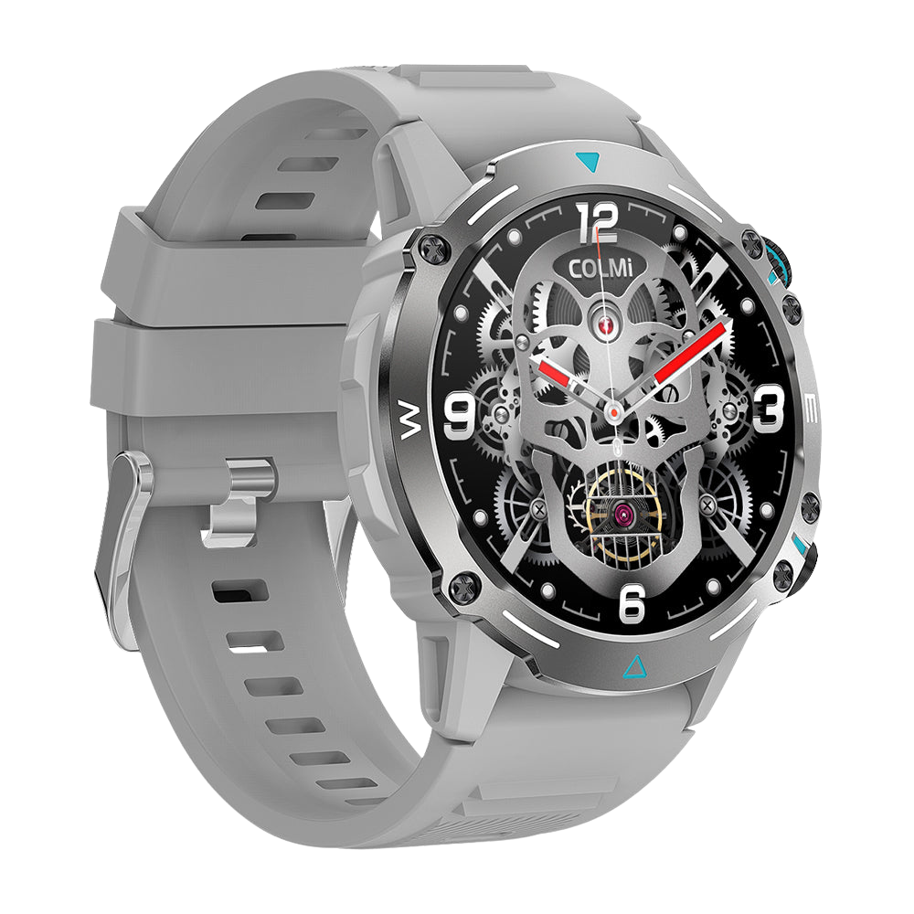 Reloj inteligente Colmi M42 plateado, mostrado desde el lado izquierdo, destacando su diseño delgado, más de 100 modos deportivos y una duración de batería de 10 días.