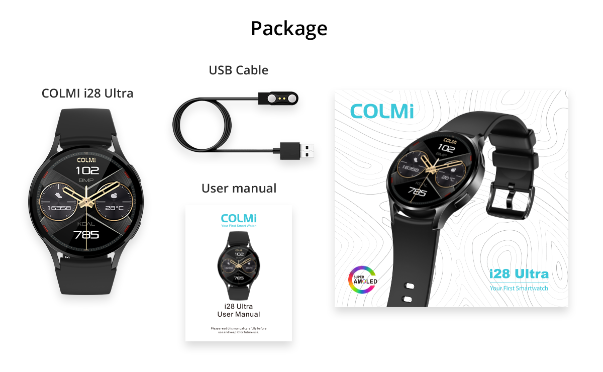 El reloj inteligente Colmi i28 Ultra incluye en su caja el reloj, el cable de carga y los accesorios, con funciones avanzadas de seguimiento de la salud, una autonomía de batería de 10 días y una clasificación de resistencia al agua IP68.