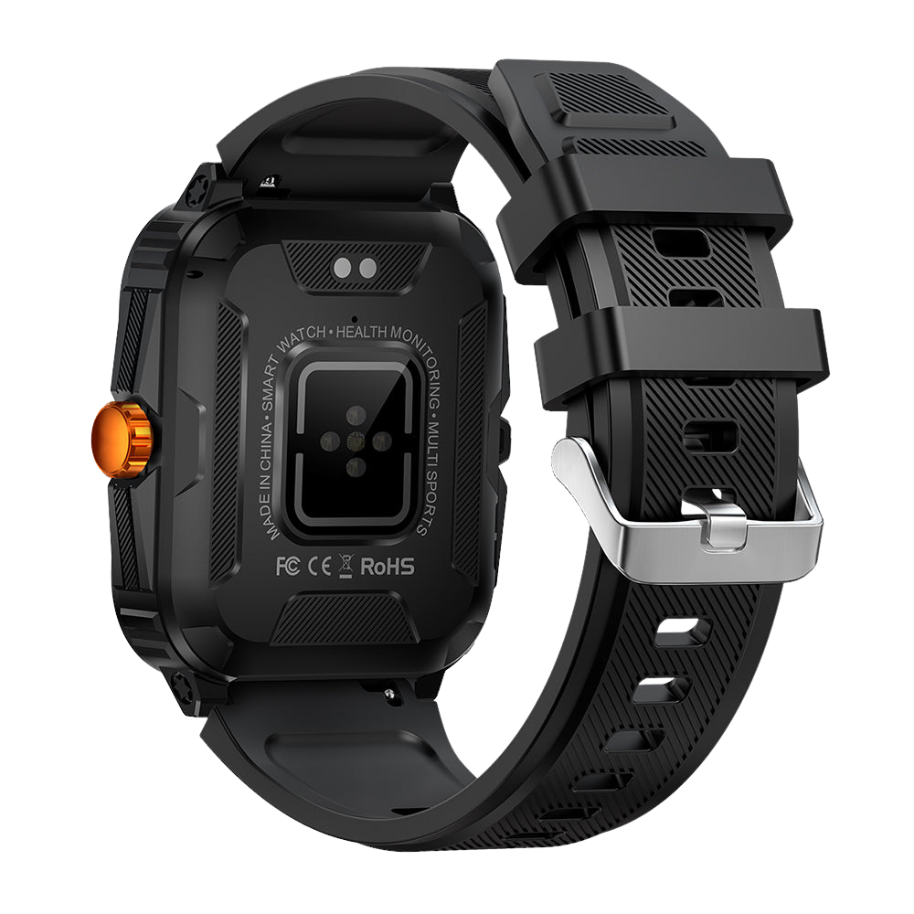 Reloj inteligente COLMI P76 de 1,96 pulgadas, para deportes al aire libre, fitness, resistente al agua hasta 3 ATM, parte trasera naranja.