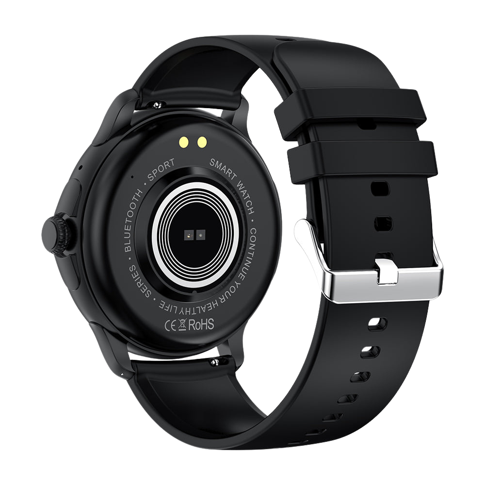 Reloj inteligente COLMI V72 con elegante pantalla AMOLED, seguimiento de actividad física, resistencia al agua IP68 y parte trasera negra.