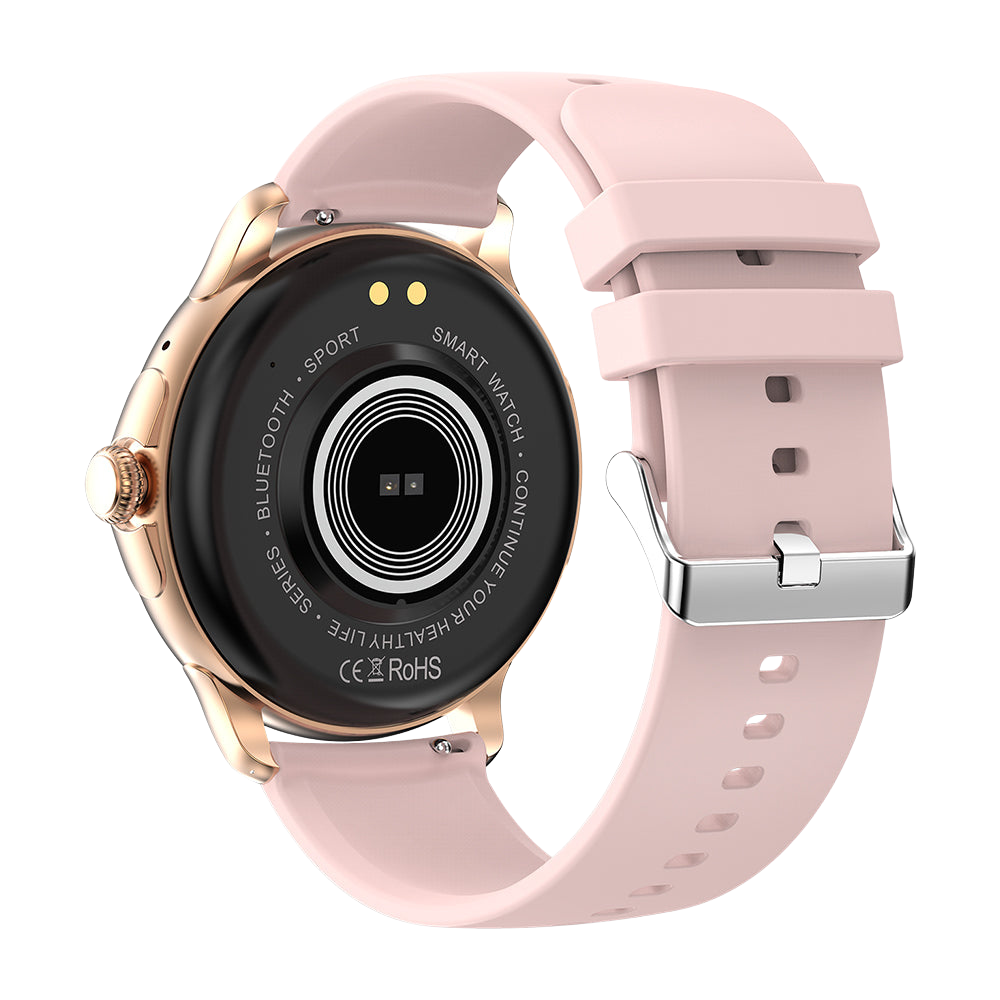 Reloj inteligente COLMI V72 con elegante pantalla AMOLED, seguimiento de actividad física, resistencia al agua IP68 y parte trasera rosa.