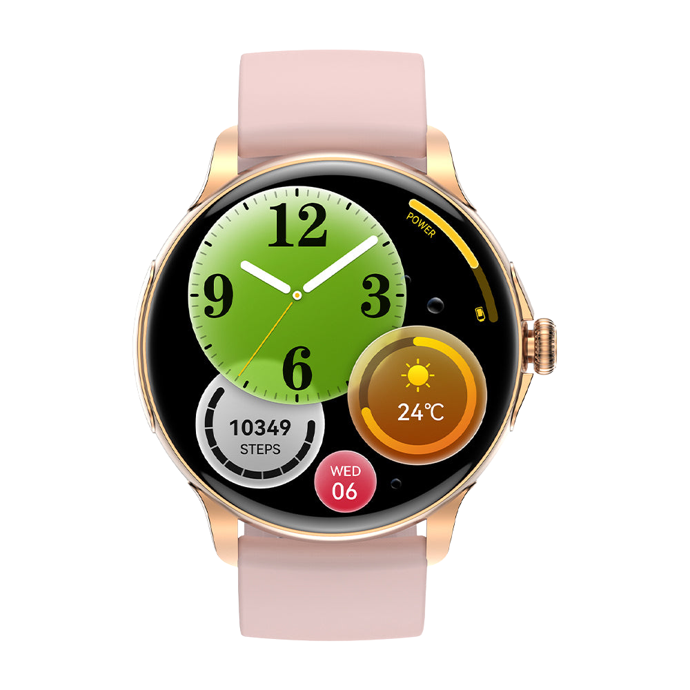 Reloj inteligente COLMI V72 con elegante pantalla AMOLED, seguimiento de actividad física, resistencia al agua IP68 y frontal rosa.