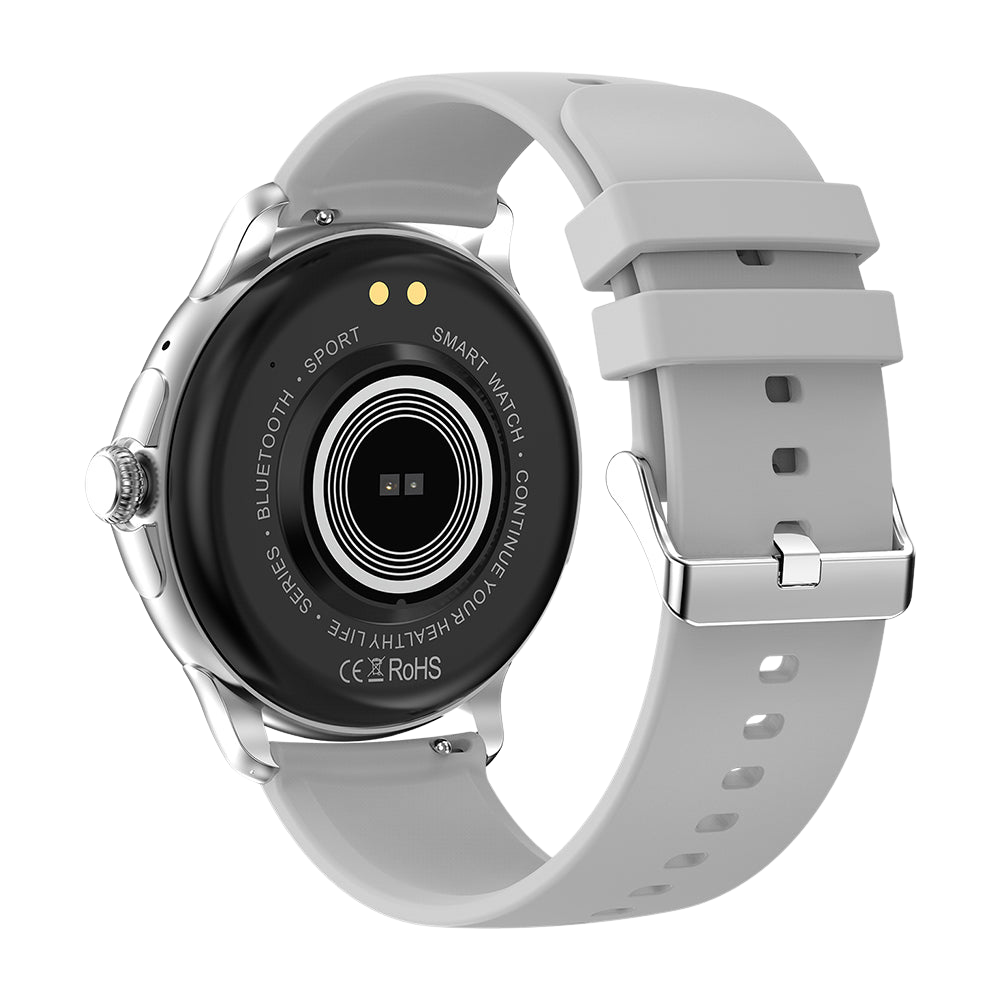 Reloj inteligente COLMI V72 con elegante pantalla AMOLED, seguimiento de actividad física, resistencia al agua IP68 y parte trasera plateada.
