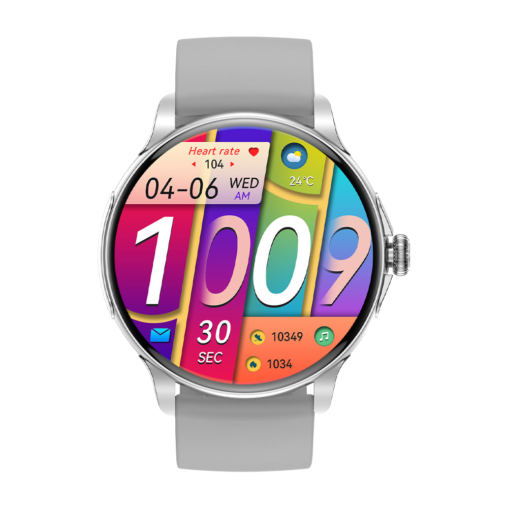 Reloj inteligente COLMI V72 con elegante pantalla AMOLED, seguimiento de actividad física, resistencia al agua IP68 y frontal plateado.
