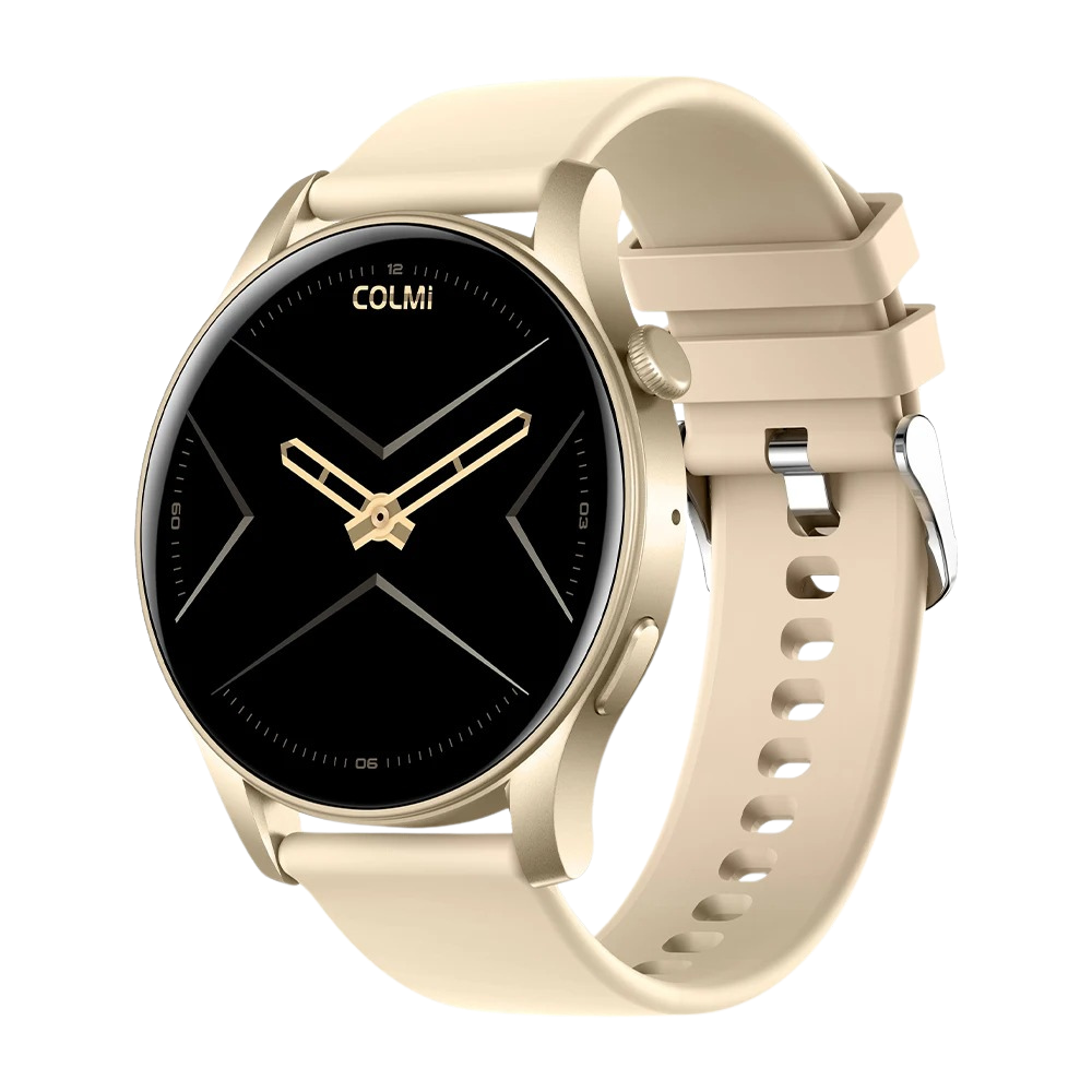 Reloj inteligente COLMI V73 con elegante pantalla AMOLED, seguimiento de actividad física y resistencia al agua IP68 (color dorado).