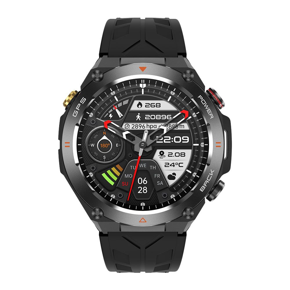 Reloj inteligente GPS COLMI V75, resistente, para actividades al aire libre, monitor de actividad física, frontal negro.