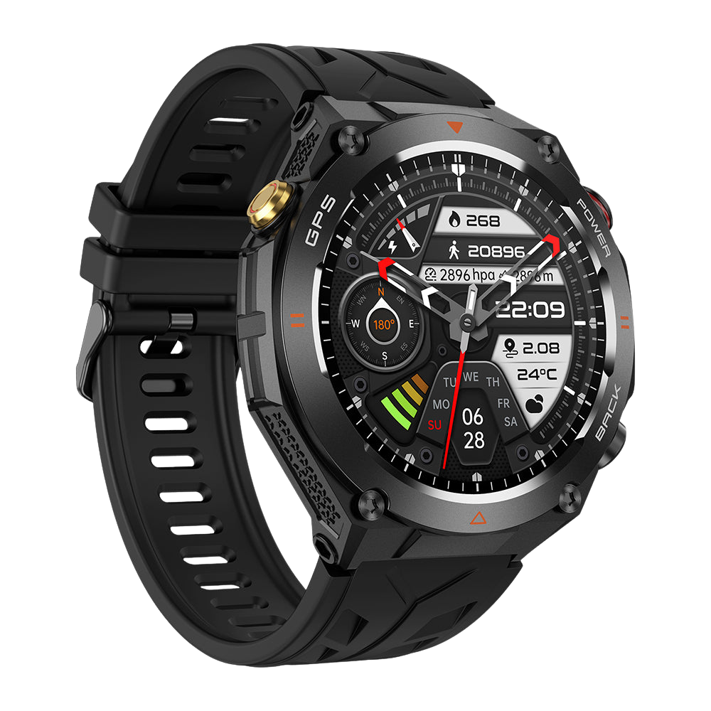 Reloj inteligente GPS COLMI V75, resistente, para actividades al aire libre, monitor de actividad física, color negro, lado izquierdo.