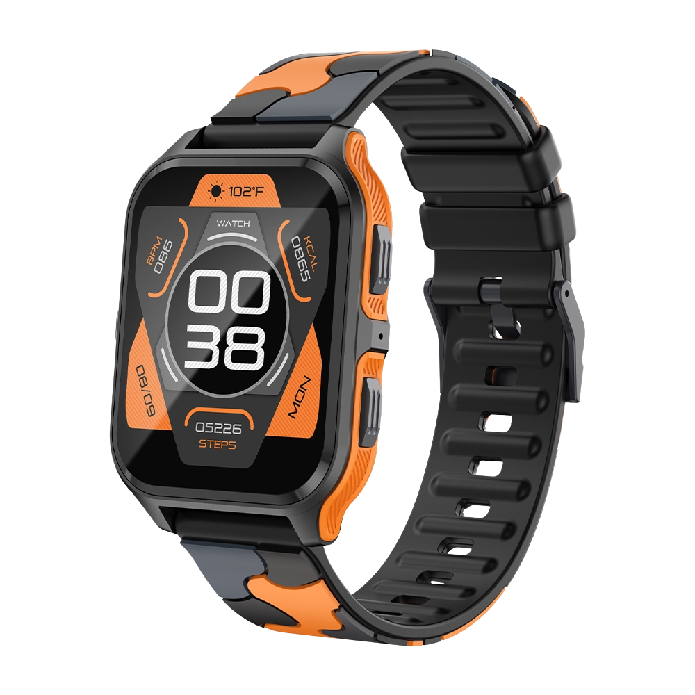 Reloj inteligente COLMI P73 con pantalla de 1,9″, llamadas en exteriores, resistencia al agua IP68, diseño de camuflaje negro y naranja.
