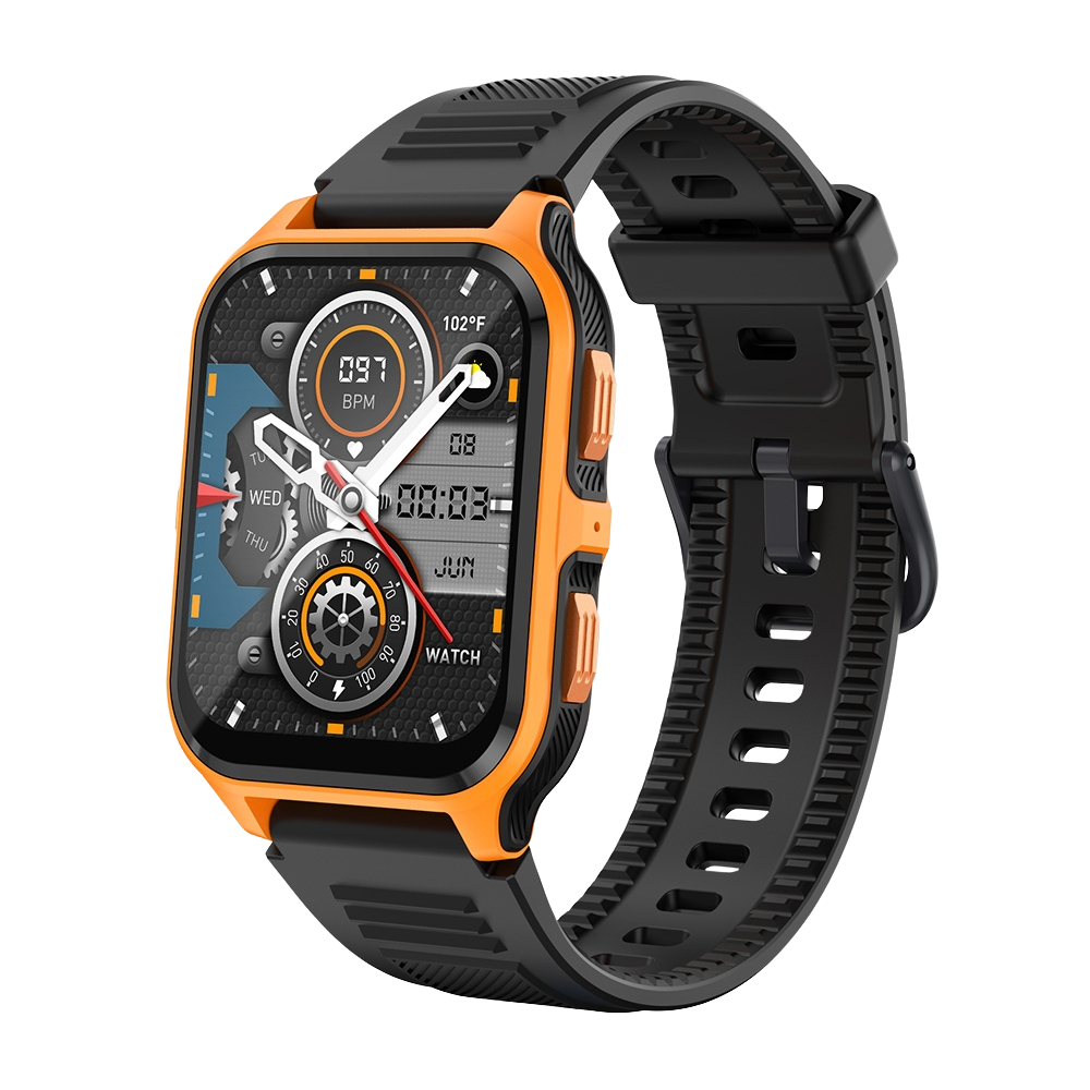 Reloj inteligente COLMI P73 con pantalla de 1,9″, llamadas en exteriores, resistencia al agua IP68, color naranja y negro.
