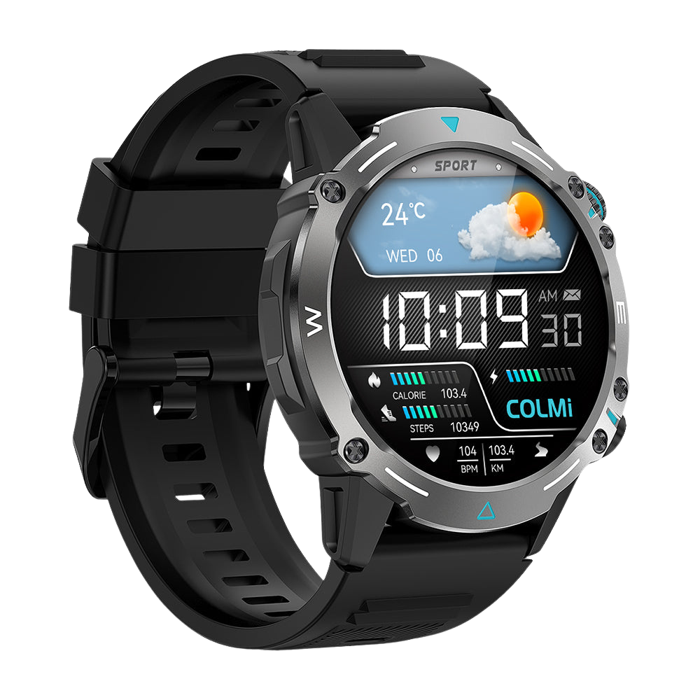 Reloj inteligente Colmi M42 negro, mostrado desde el lado izquierdo, destacando su diseño delgado, más de 100 modos deportivos y una duración de batería de 10 días.