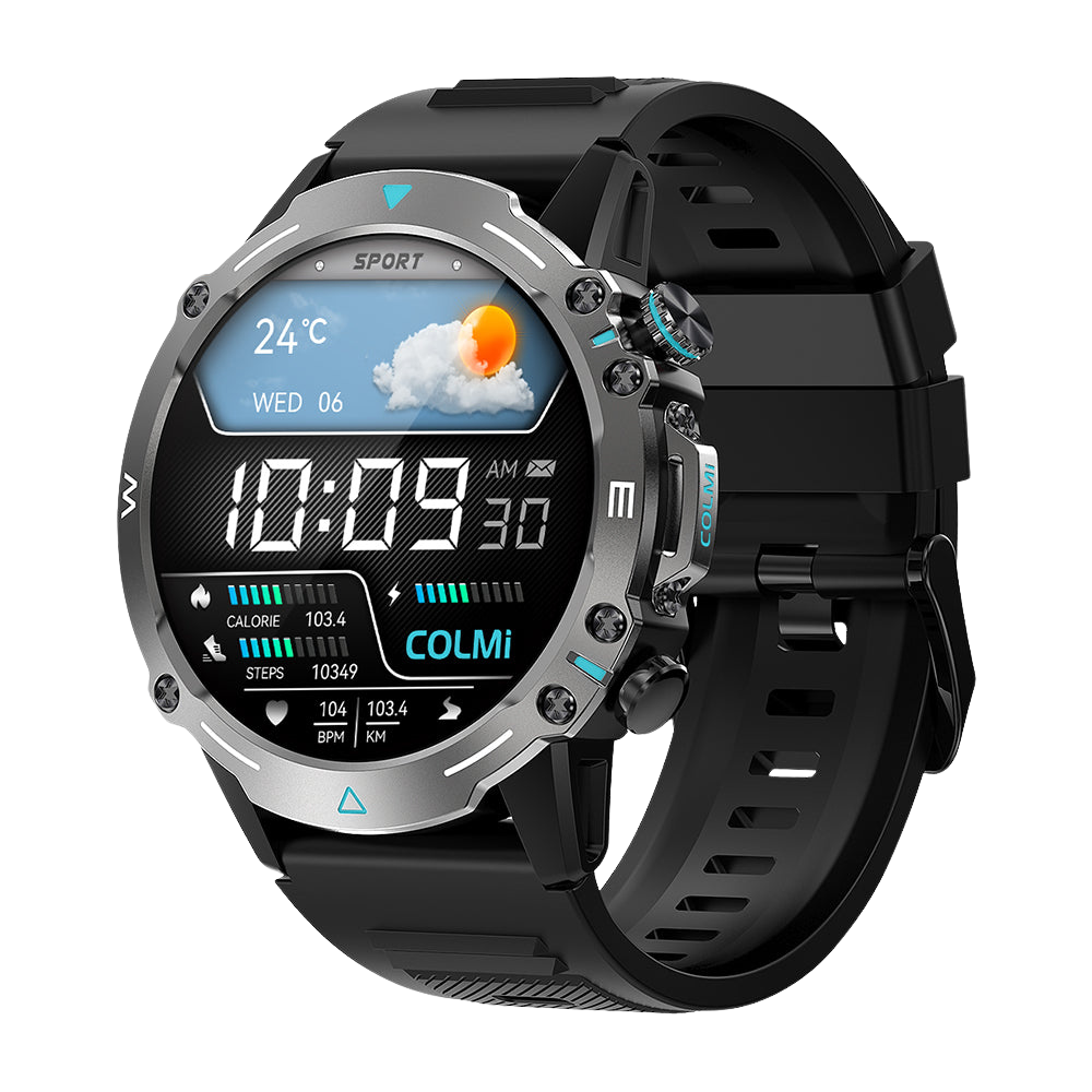 Reloj inteligente Colmi M42 negro, mostrado desde el lado derecho, destacando su diseño delgado, más de 100 modos deportivos y una duración de batería de 10 días.