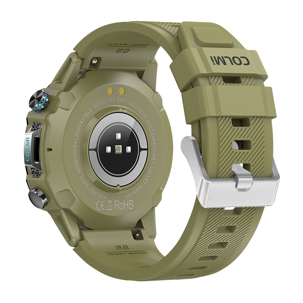 Reloj inteligente Colmi M42 de color verde, visto desde la parte posterior. Destaca por su diseño delgado, más de 100 modos deportivos y una autonomía de batería de 10 días.