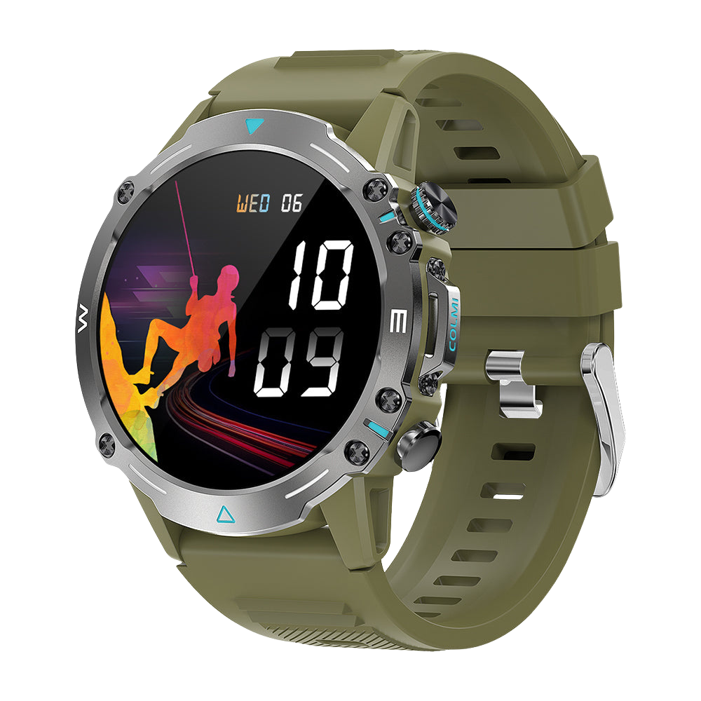 Reloj inteligente Colmi M42 de color verde, mostrado desde el lado derecho, destacando su diseño delgado, más de 100 modos deportivos y una duración de batería de 10 días.