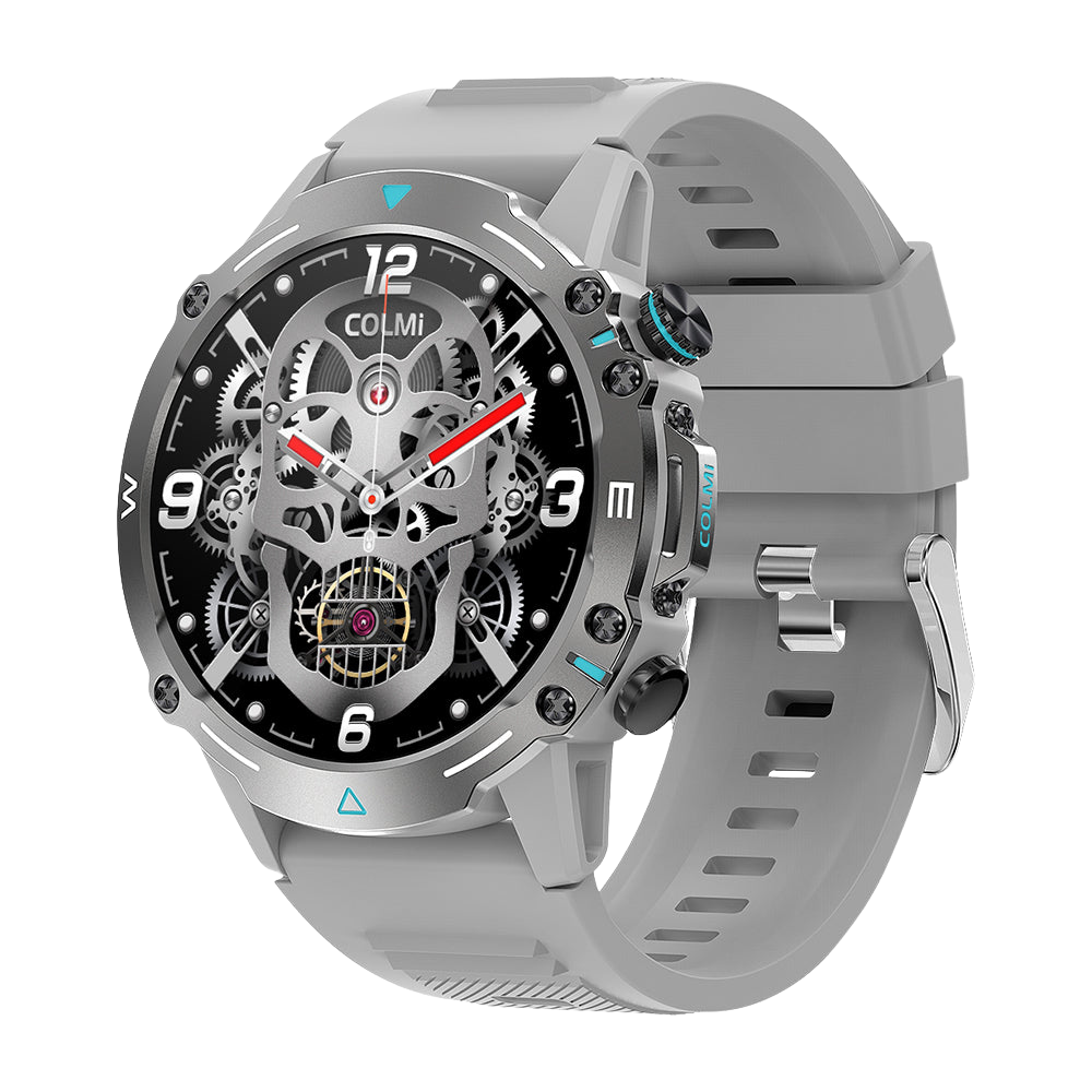 Reloj inteligente Colmi M42 plateado, mostrado desde el lado derecho, destacando su diseño delgado, más de 100 modos deportivos y una duración de batería de 10 días.