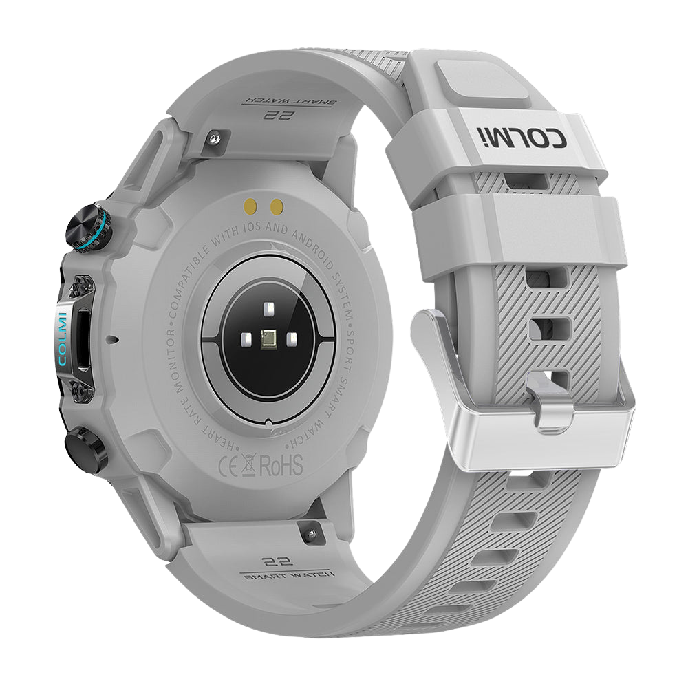 Reloj inteligente Colmi M42 plateado, visto desde la parte posterior, con diseño delgado, más de 100 modos deportivos y una duración de batería de 10 días.