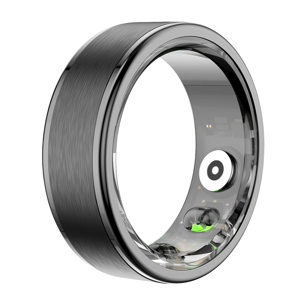 Anillo inteligente Colmi R03 negro, mostrado desde el lado derecho, con funciones de monitorización de la frecuencia cardíaca, seguimiento del oxígeno en sangre y diseño resistente al agua.