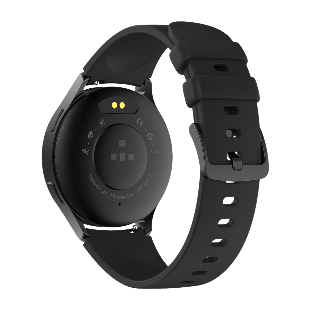 Un reloj inteligente Colmi i28 Ultra de color negro, visto desde la parte posterior, donde se aprecian los sensores traseros para el seguimiento avanzado de la salud, los pines de carga magnética y los detalles de resistencia al agua IP68 sobre un fondo oscuro.