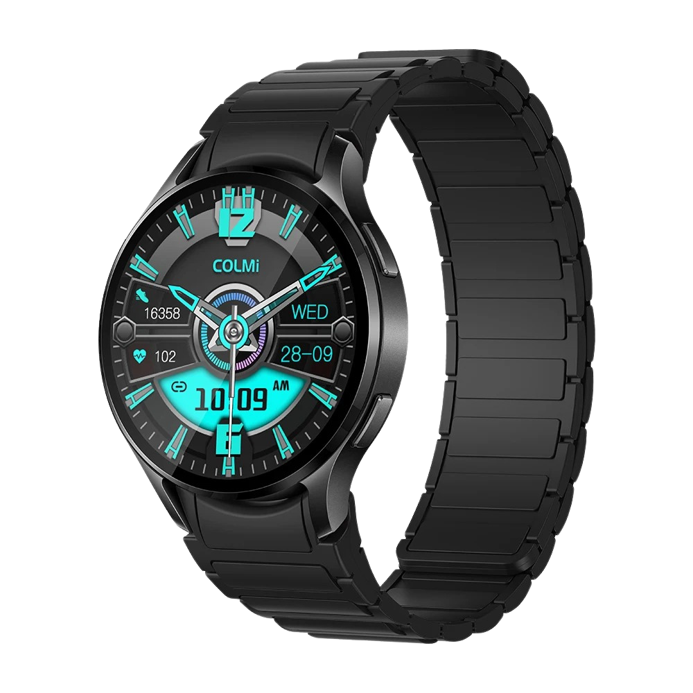 Reloj inteligente Colmi i28 Ultra negro con correa magnética, pantalla circular, sensores avanzados de seguimiento de la salud, batería con una duración de 10 días y clasificación de resistencia al agua IP68.