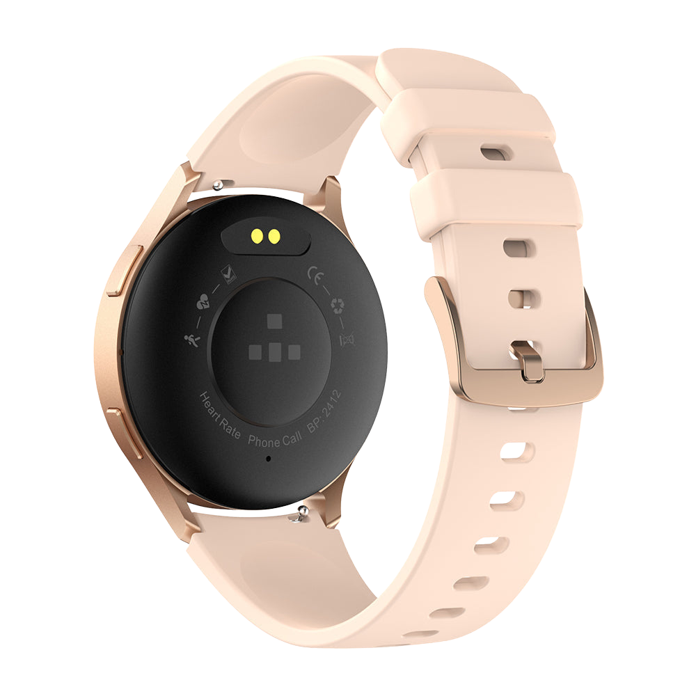 Reloj inteligente Colmi i28 Ultra color oro, visto desde la parte posterior, que incluye sensores de salud traseros, contactos de carga magnéticos y clasificación de resistencia al agua IP68.
