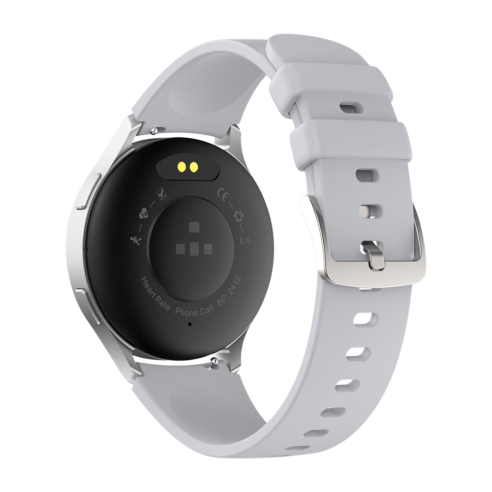 Un reloj inteligente Colmi i28 Ultra plateado, visto desde la parte posterior, que muestra el conjunto de sensores traseros para un seguimiento avanzado de la salud, contactos de carga magnéticos y una construcción impermeable IP68 sobre un fondo neutro.